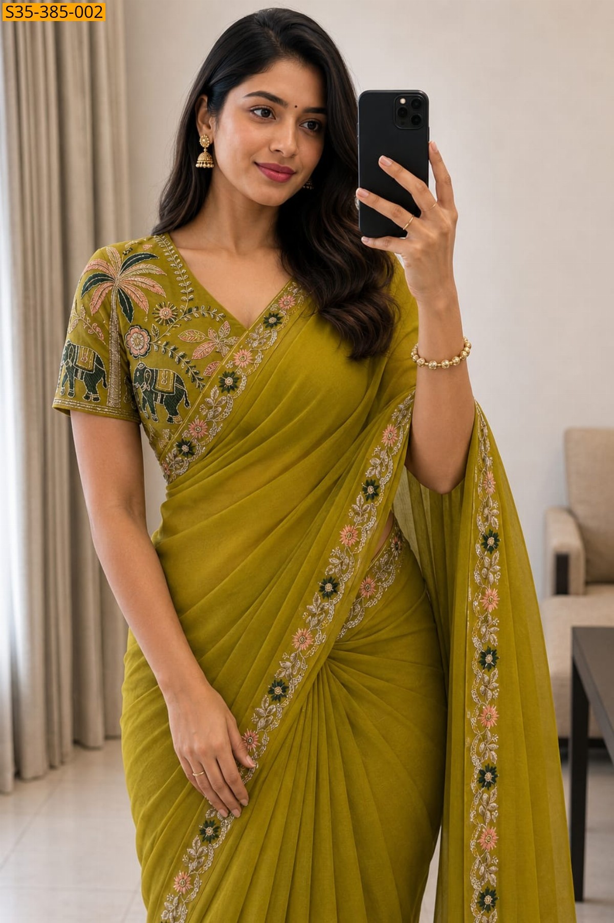 Fancy Star Georgette Saree - Neon
