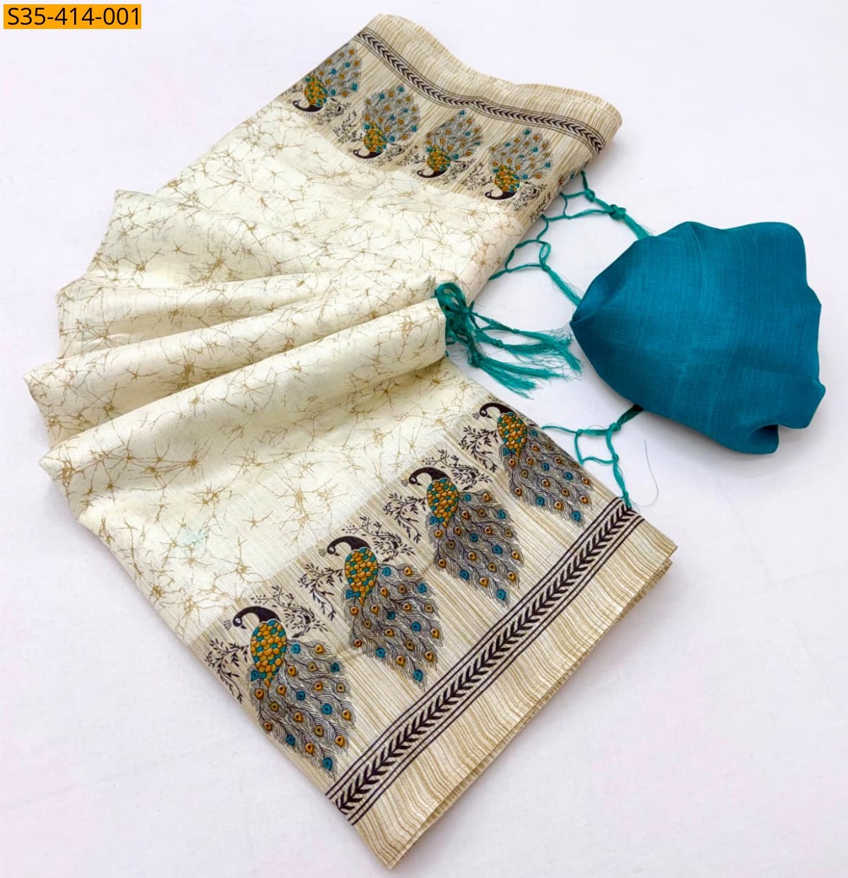 Half White Fancy Khadi Cotton Saree
