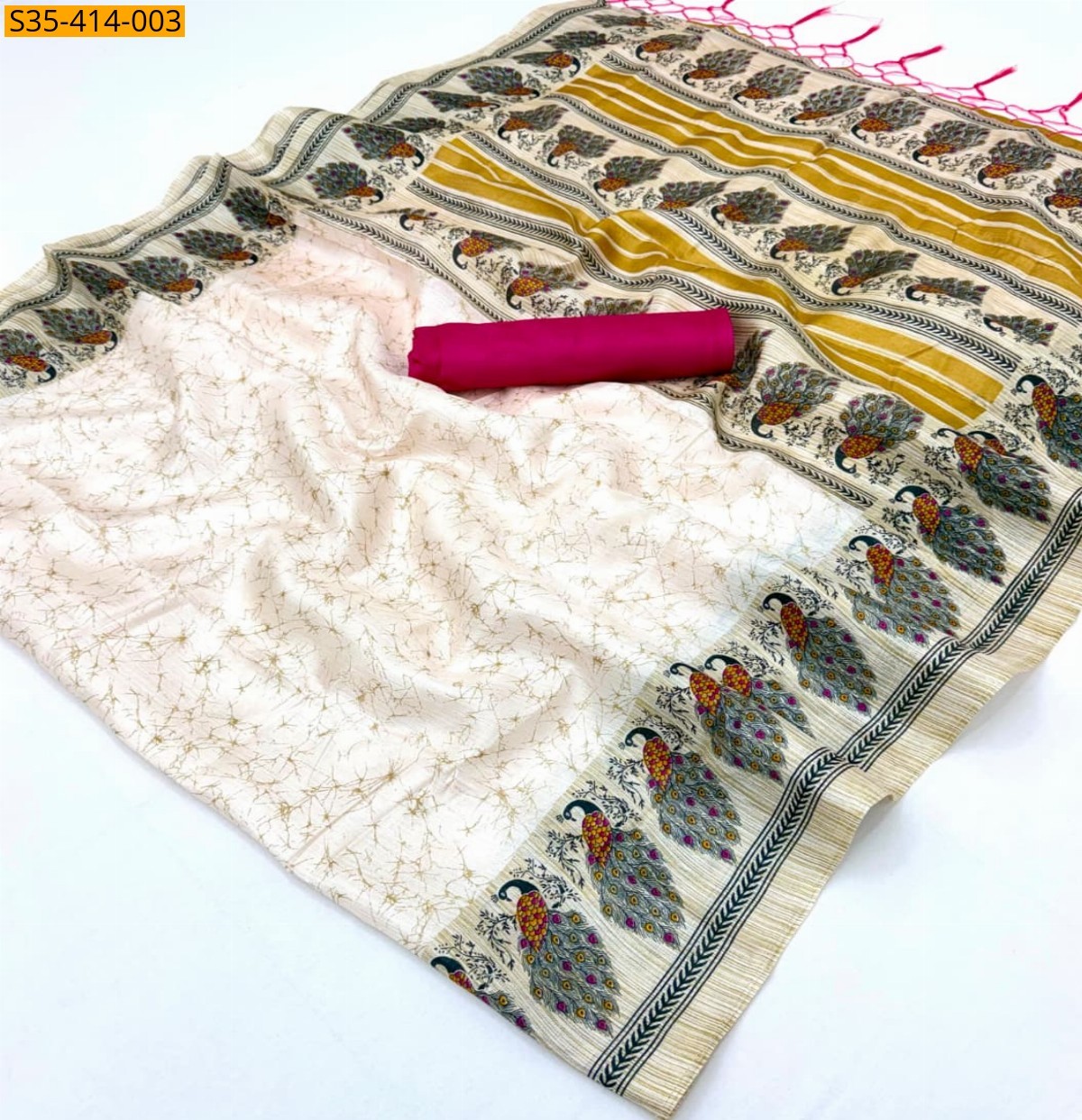 Half White Fancy Khadi Cotton Saree