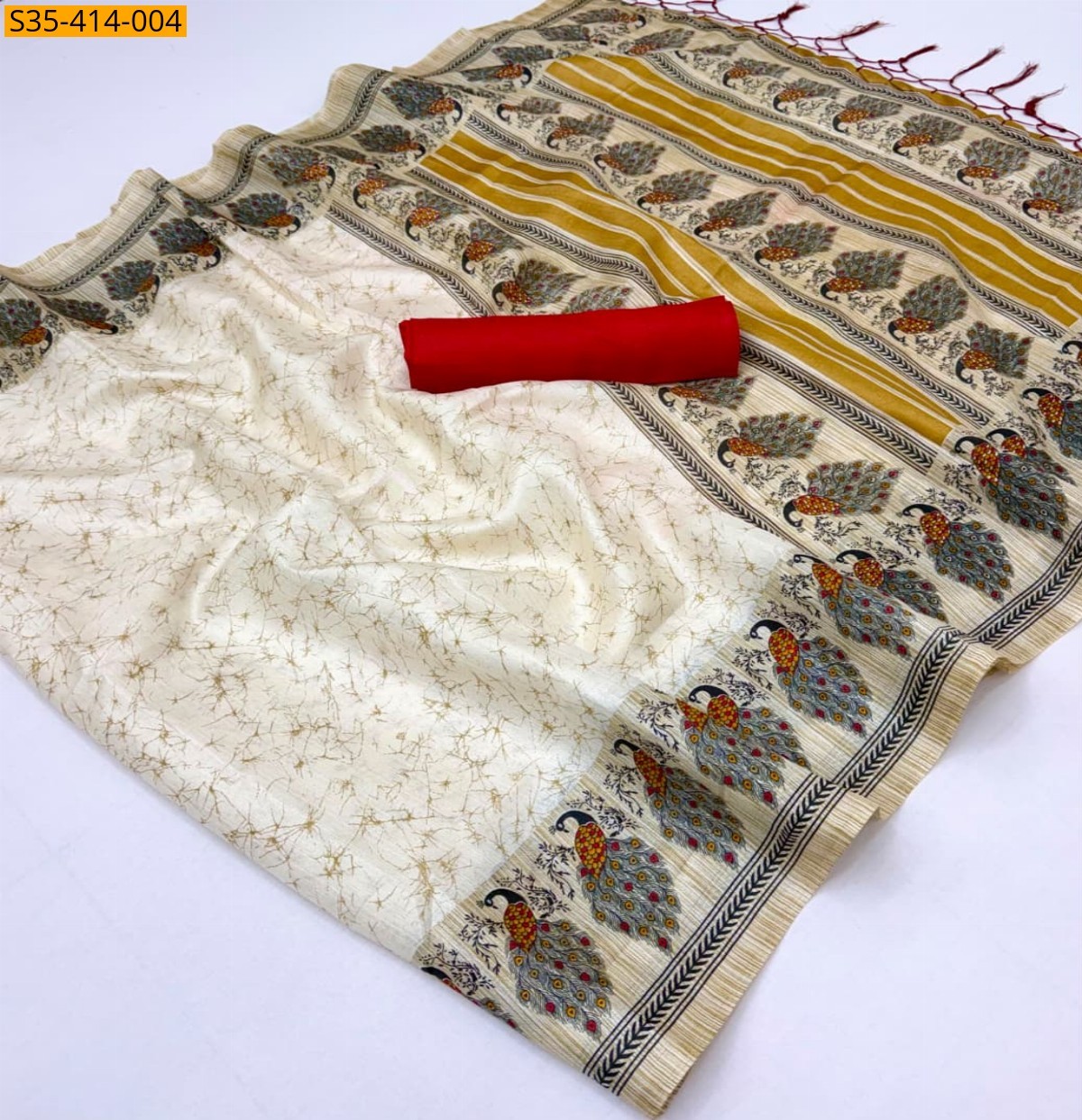 Half White Fancy Khadi Cotton Saree