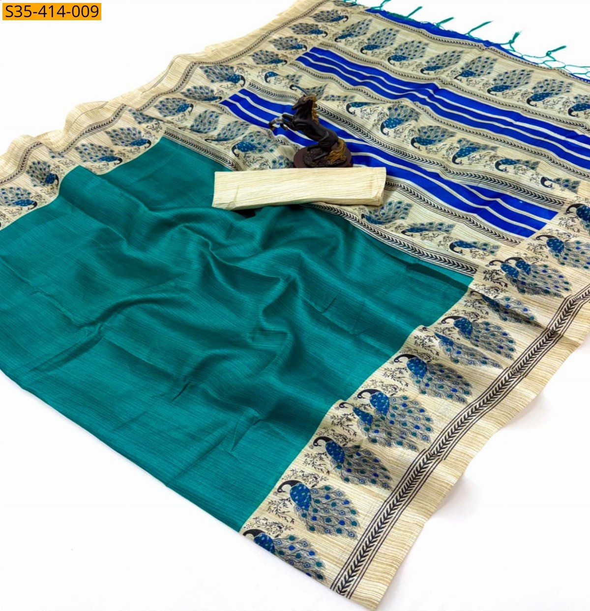 Rama green Fancy Khadi Cotton Saree