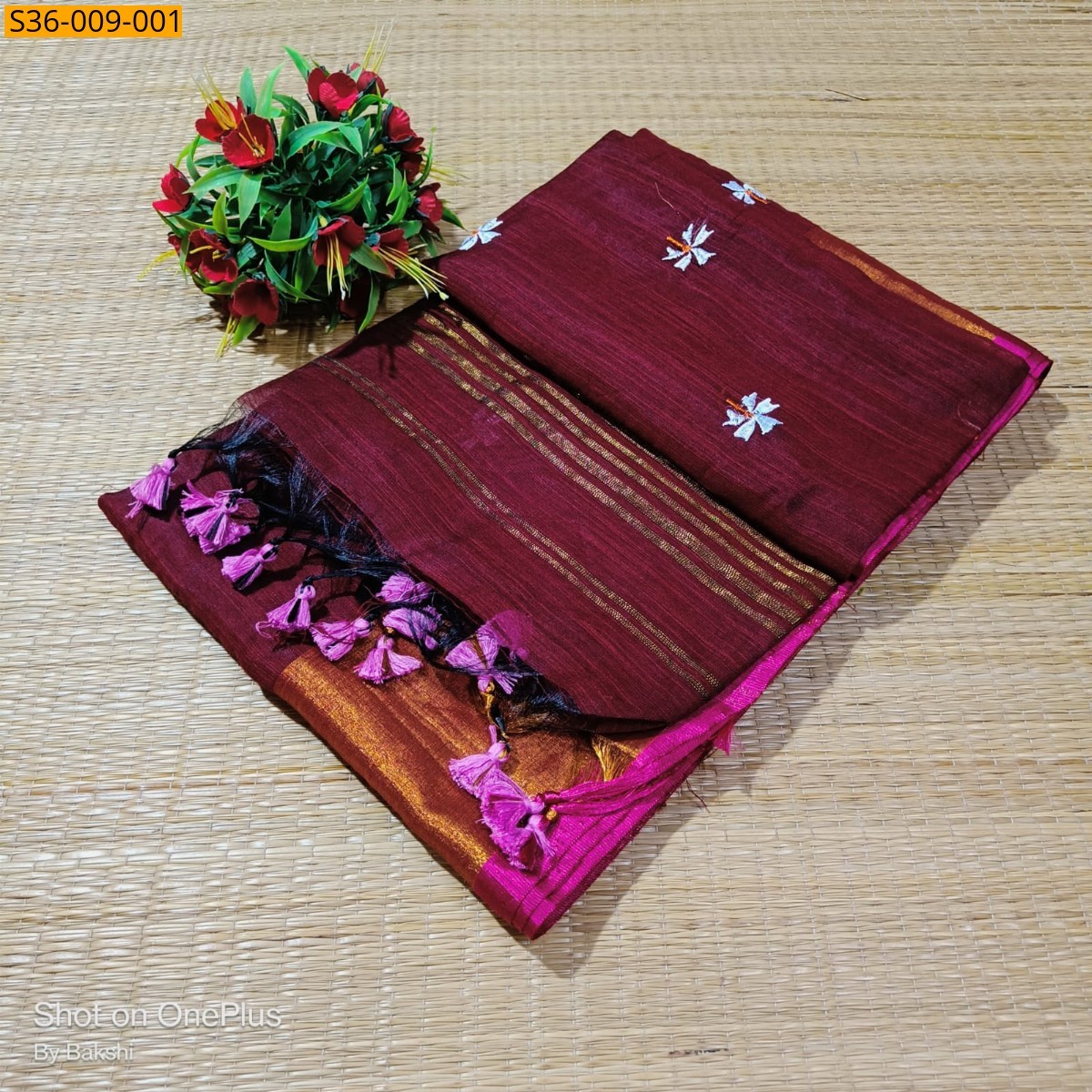 Maroon Fancy Slub Khadi Embroidery Saree
