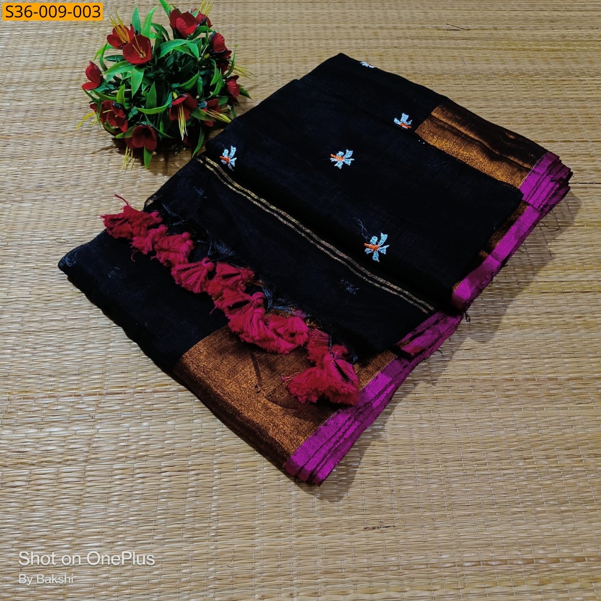 Black Fancy Slub Khadi Embroidery Saree