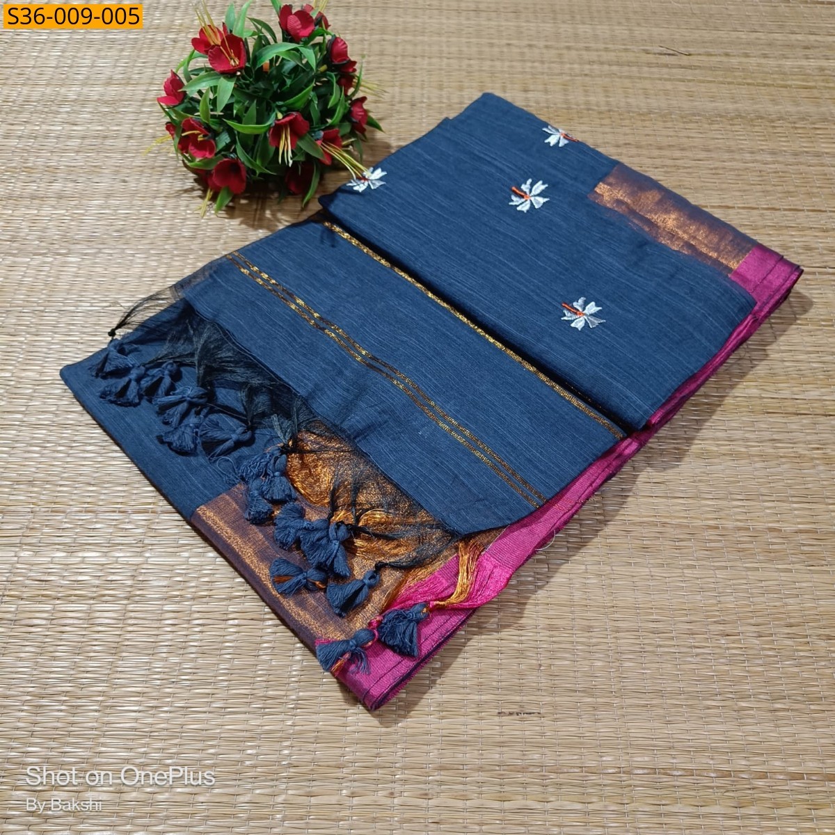 Grey Fancy Slub Khadi Embroidery Saree