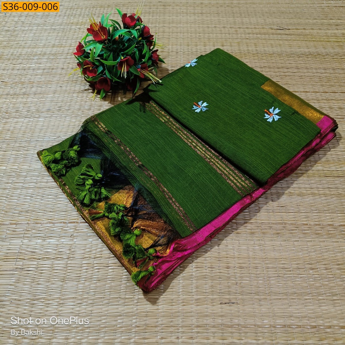 Green Fancy Slub Khadi Embroidery Saree
