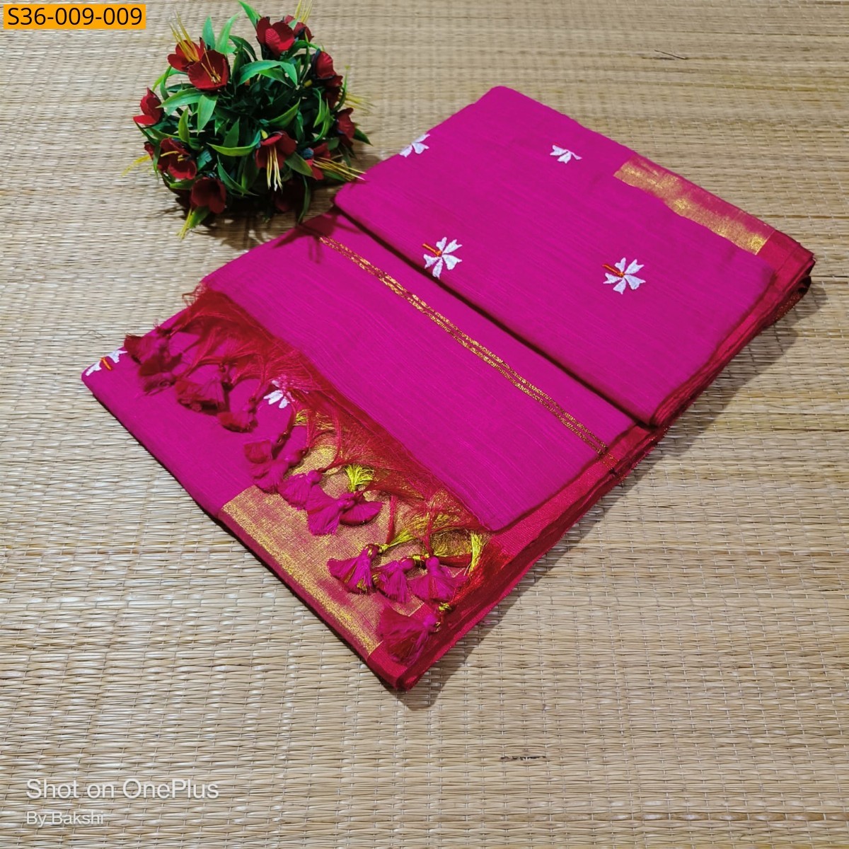 Pink Fancy Slub Khadi Embroidery Saree