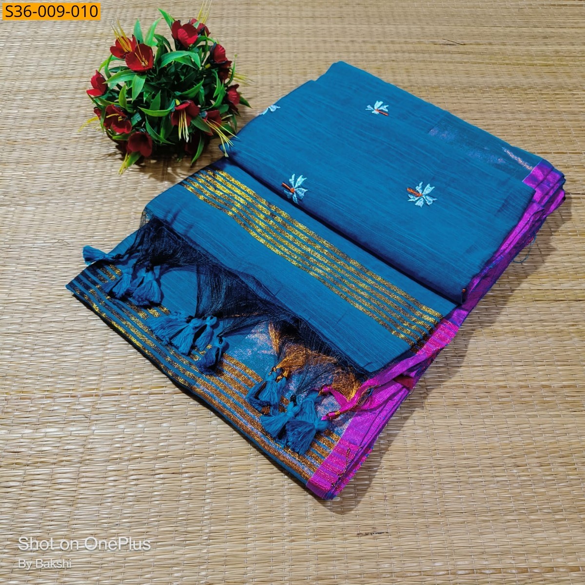 Blue Fancy Slub Khadi Embroidery Saree