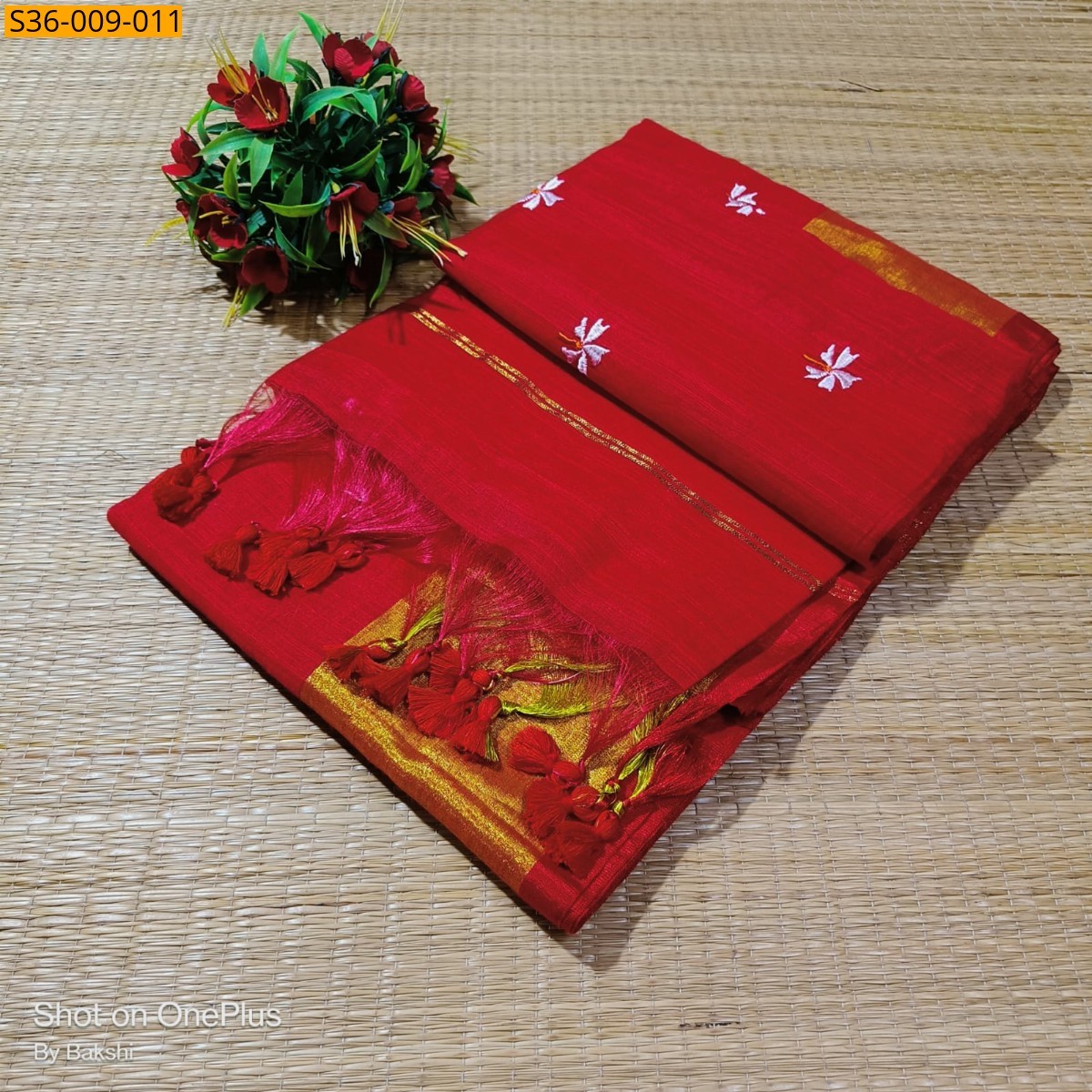 Red Fancy Slub Khadi Embroidery Saree