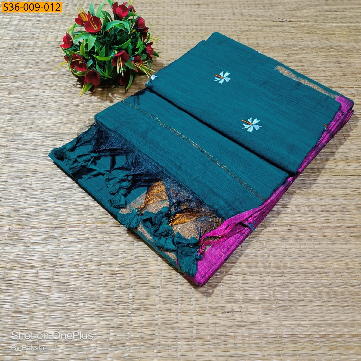 Peacock Blue Fancy Slub Khadi Embroidery Saree