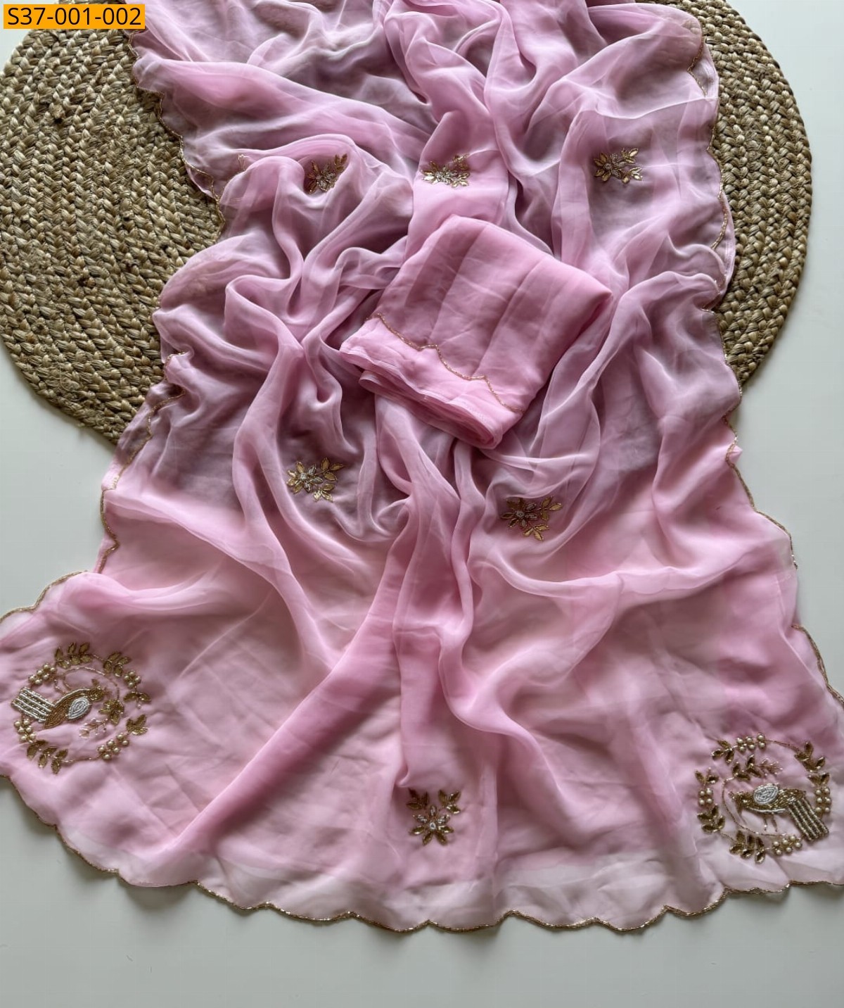 Baby pink Fancy Georgette handwork Sarees