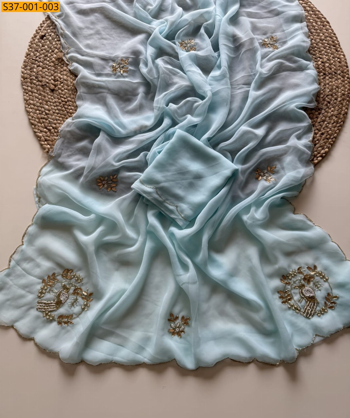 Light Blue Fancy Georgette handwork Sarees