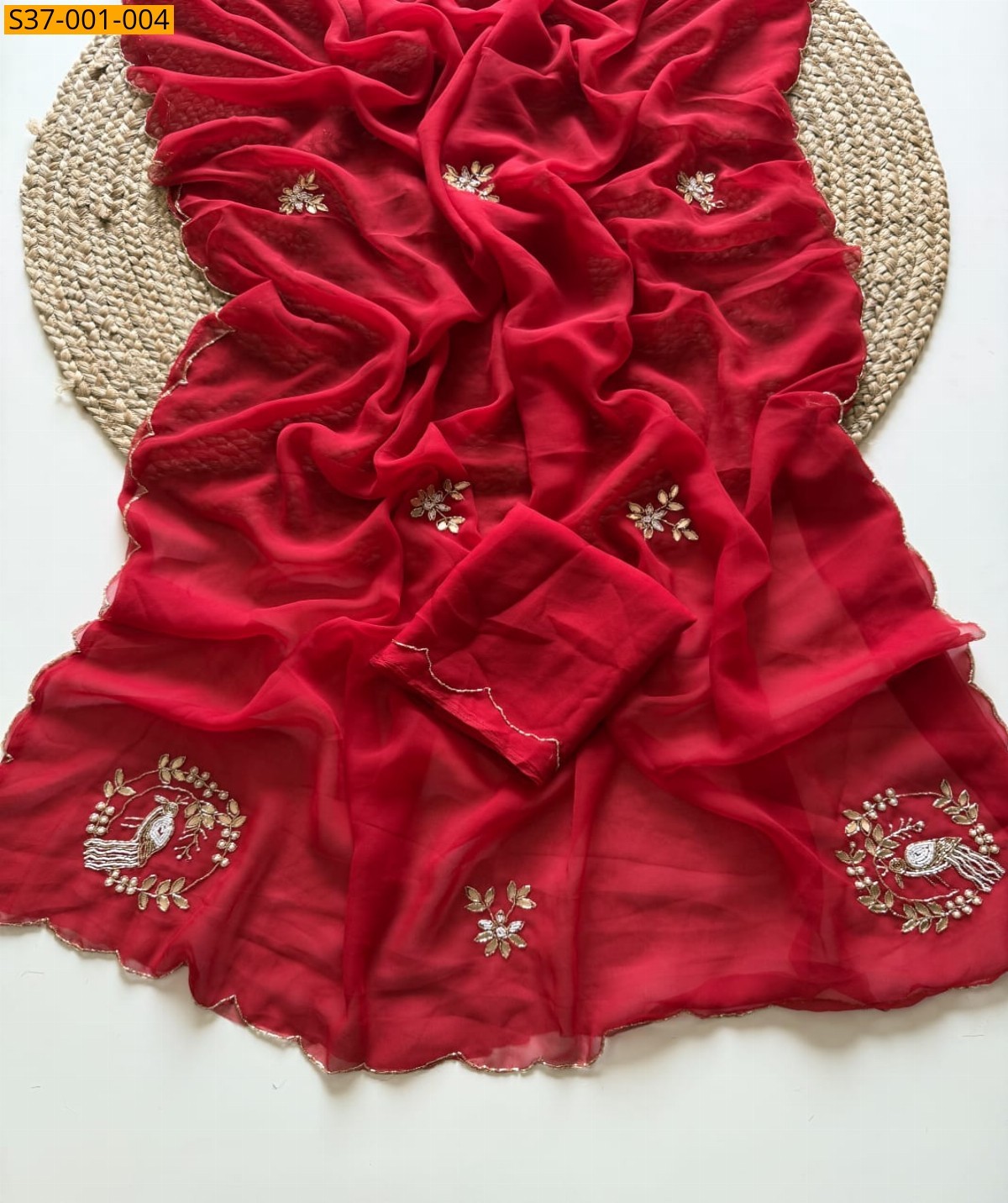 Red Fancy Georgette handwork Sarees