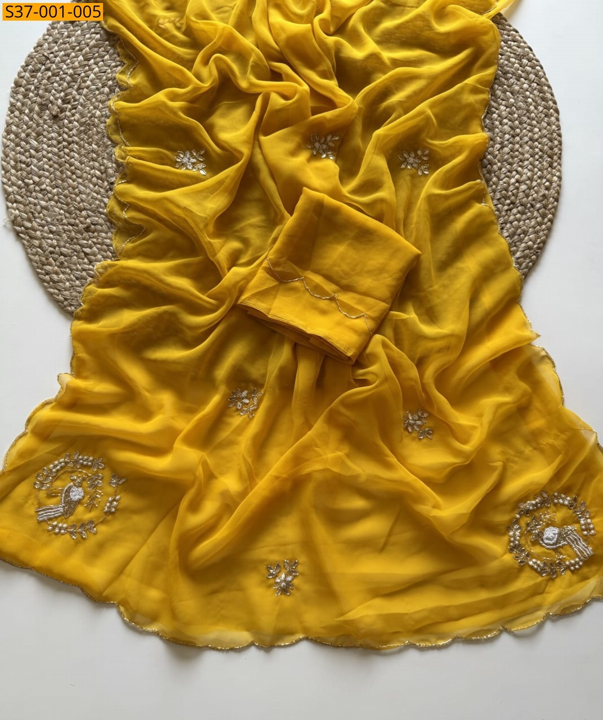 Mustard Fancy Georgette handwork Sarees