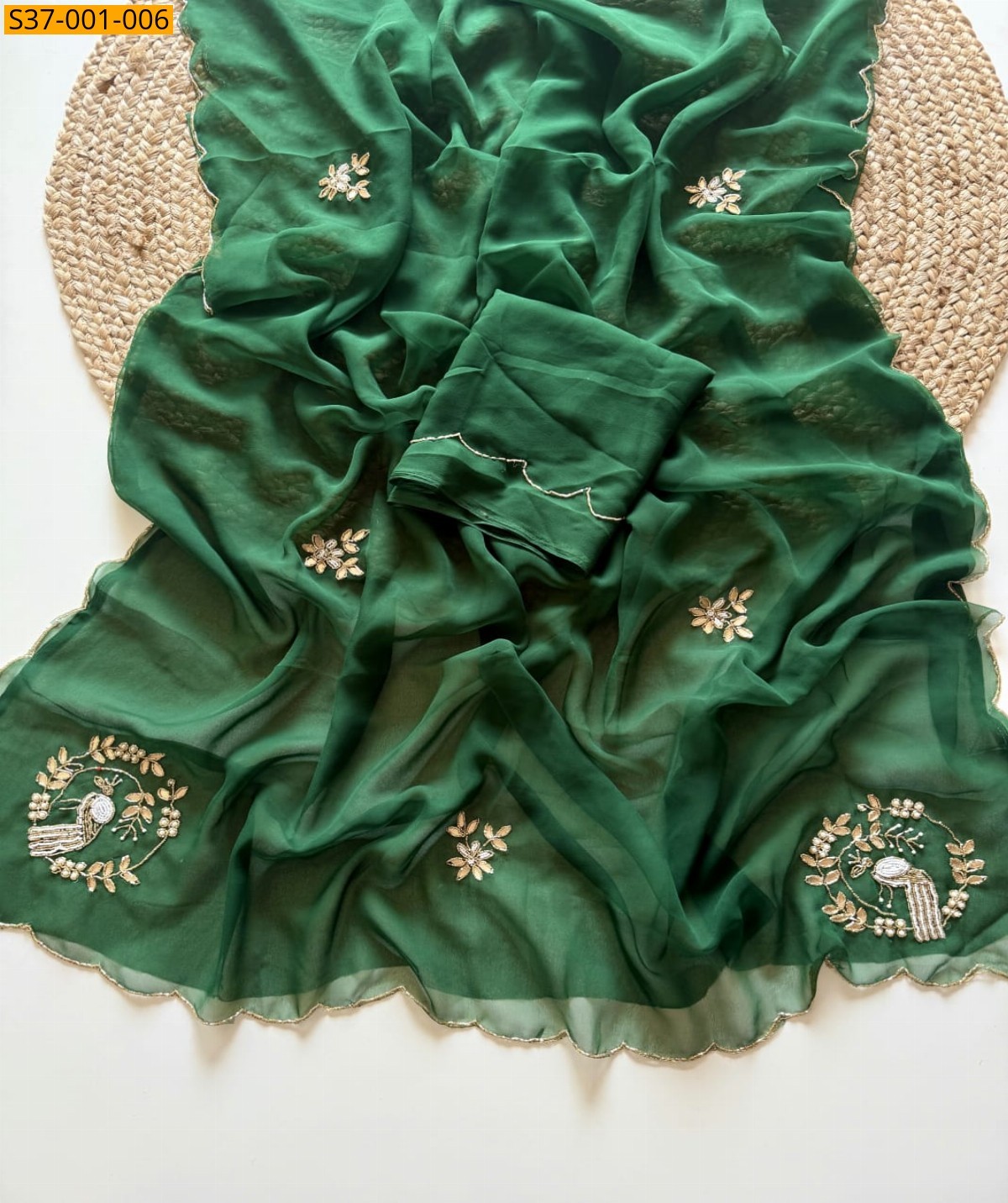 Green Fancy Georgette handwork Sarees