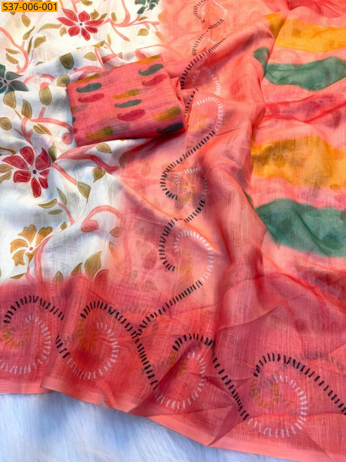 Half White Fancy Linen Cotton Sarees