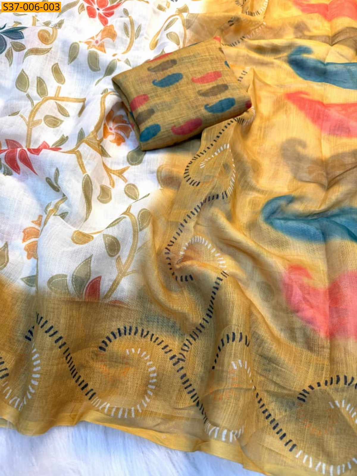 Half White Fancy Linen Cotton Sarees