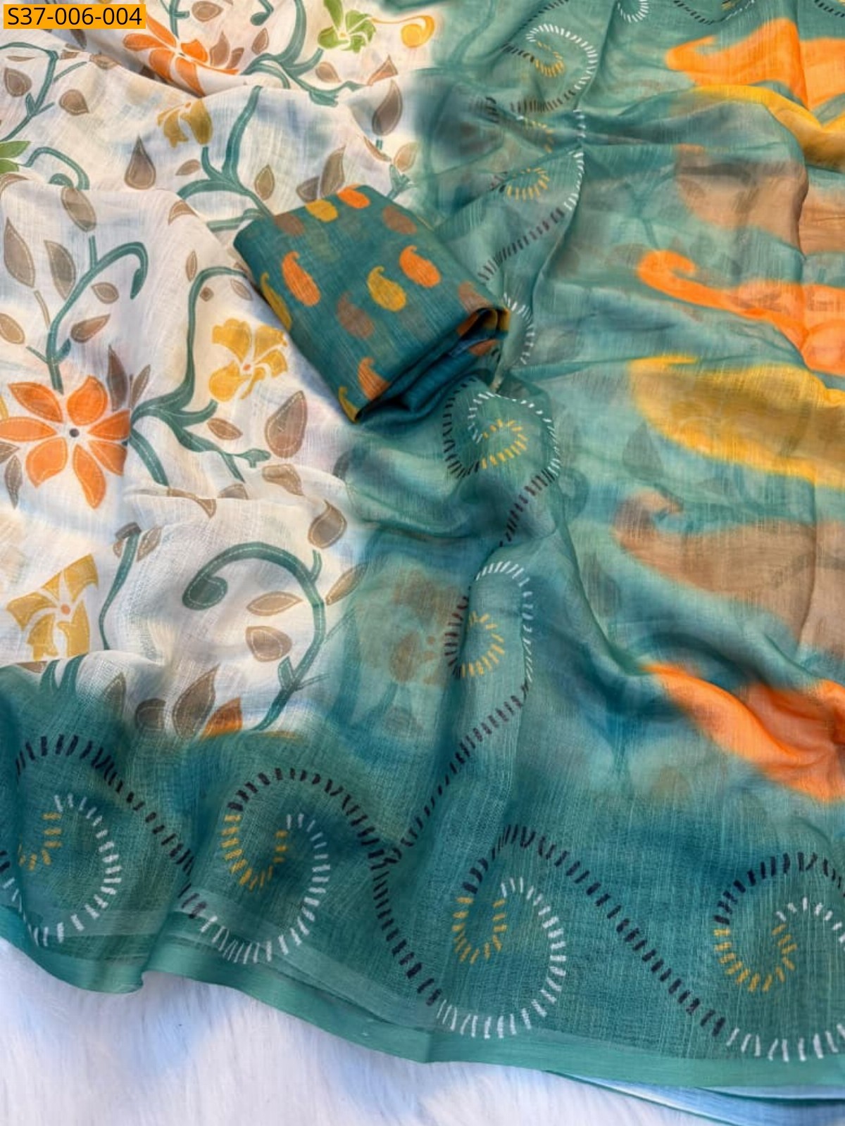 Half White Fancy Linen Cotton Sarees