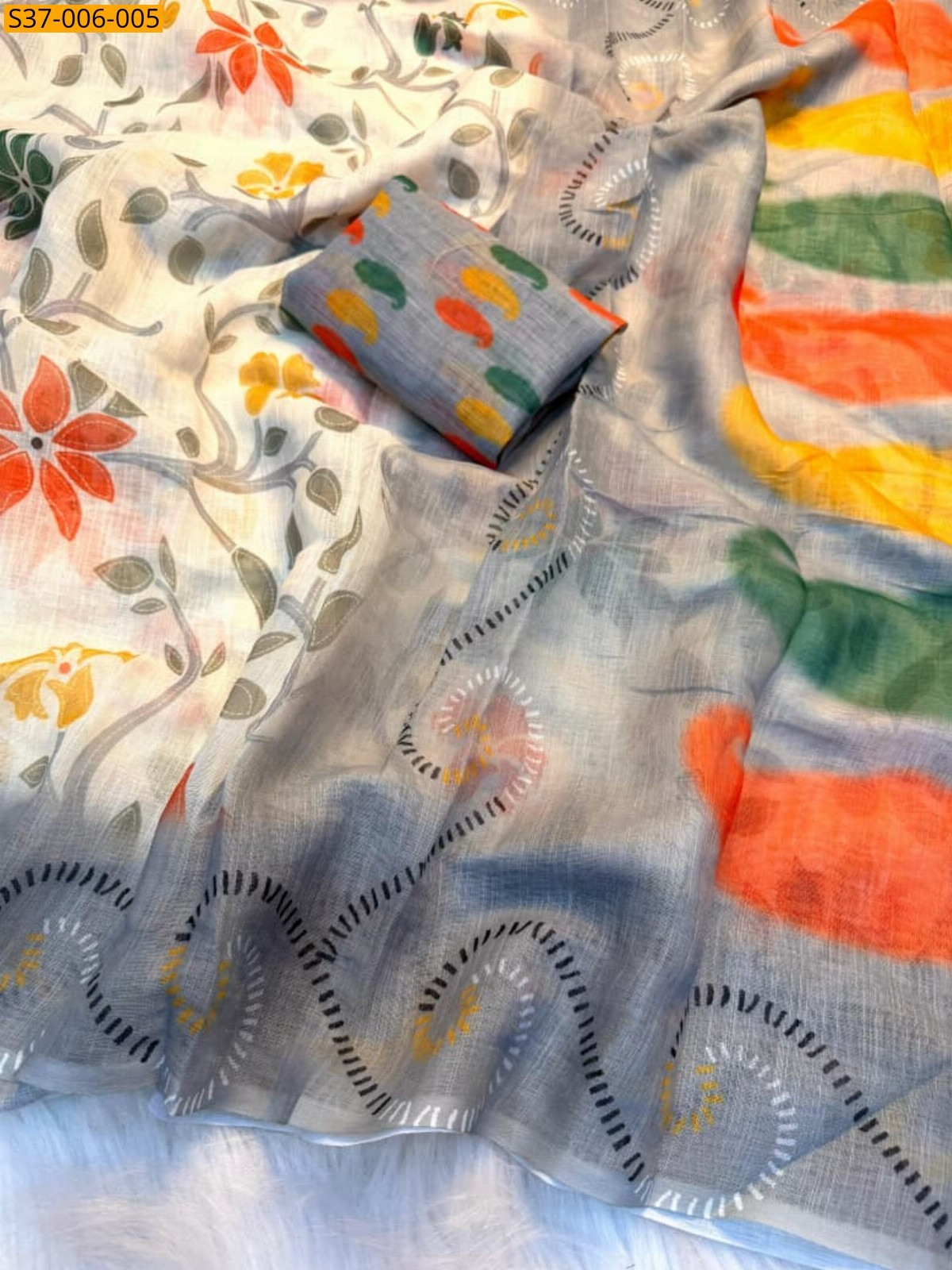 Half White Fancy Linen Cotton Sarees