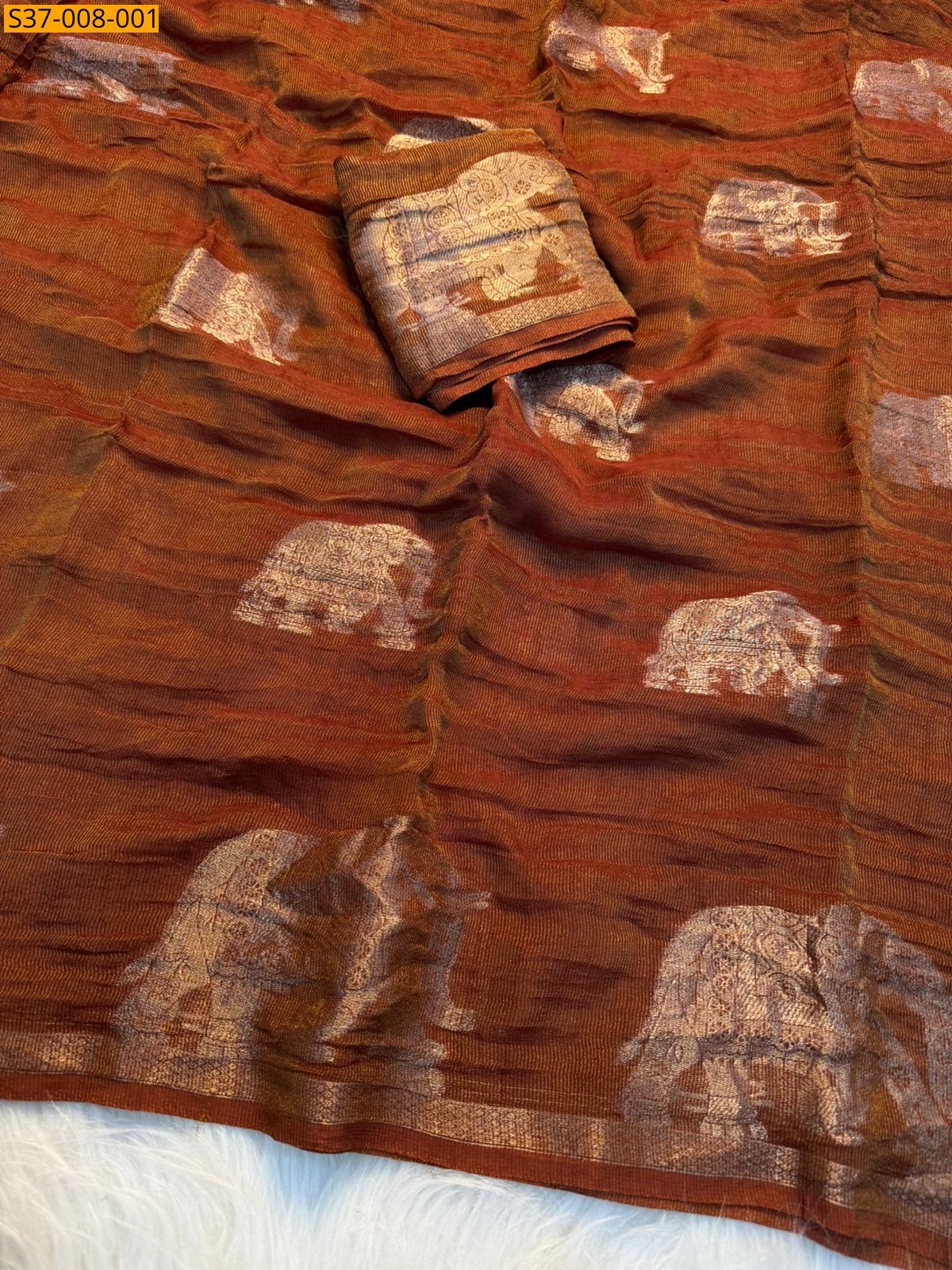 Deep Rust Orange Fancy Viscose tissue weaving Saree
