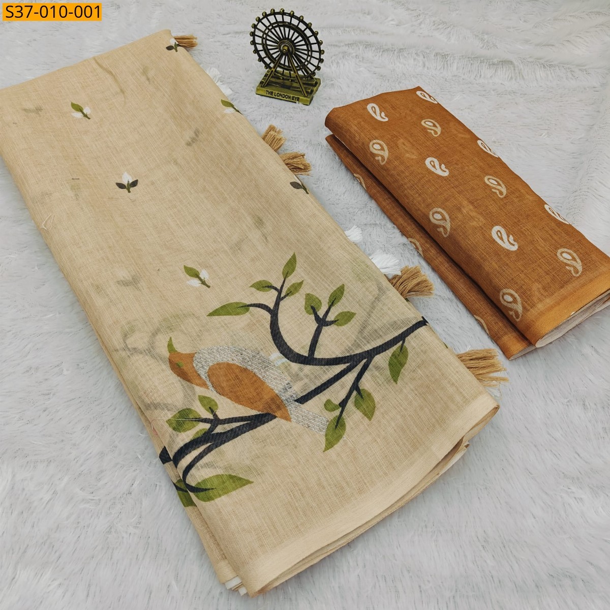 Beige Fancy Linen Digital Print Saree