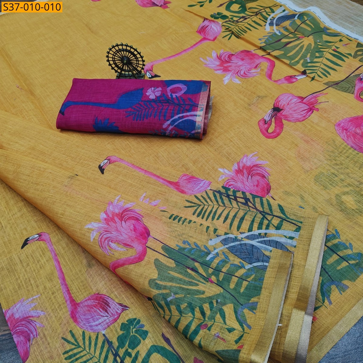 Yelllow Fancy Linen Digital Print Saree