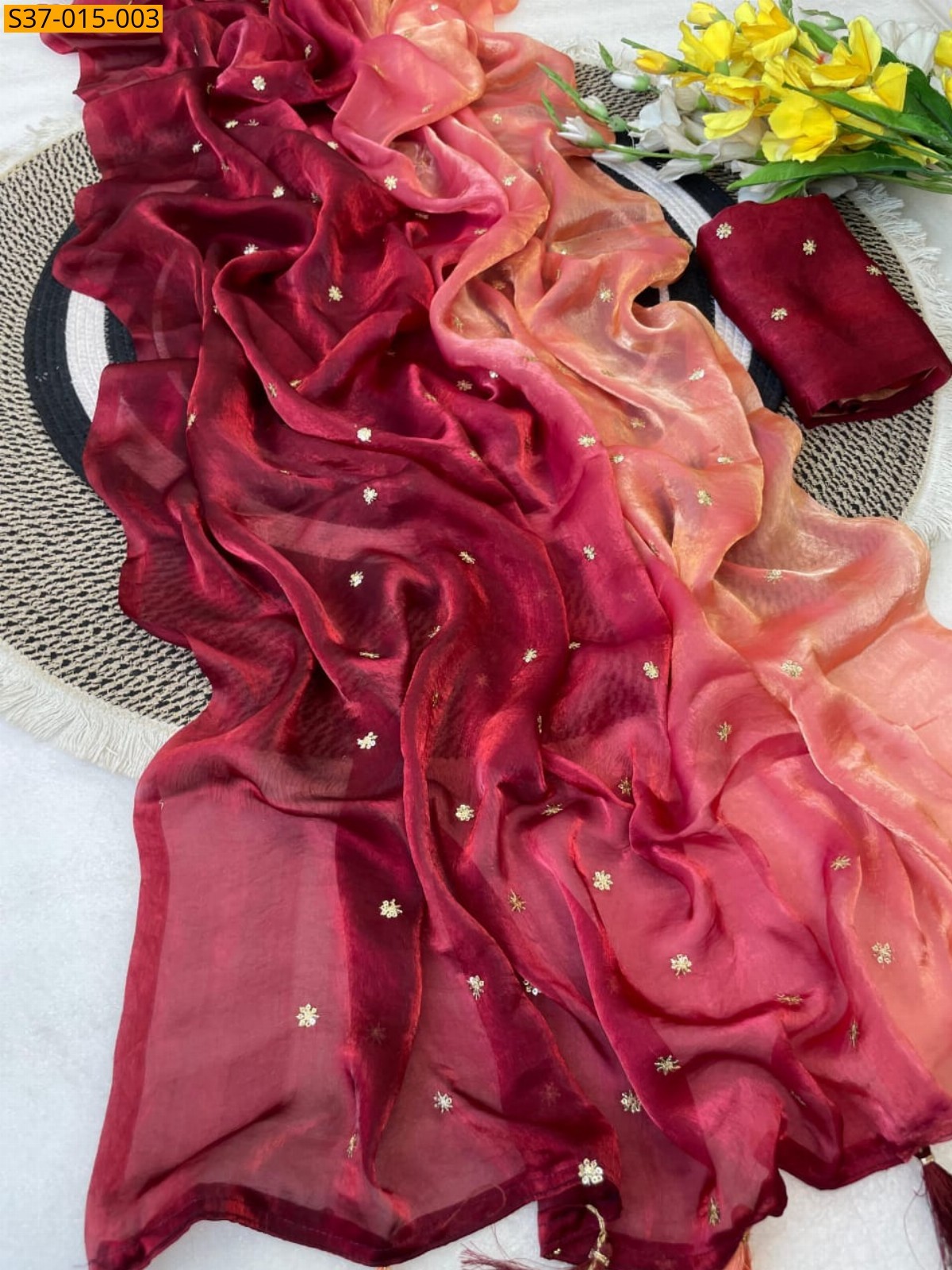 Red Fancy Fendy Satin Saree