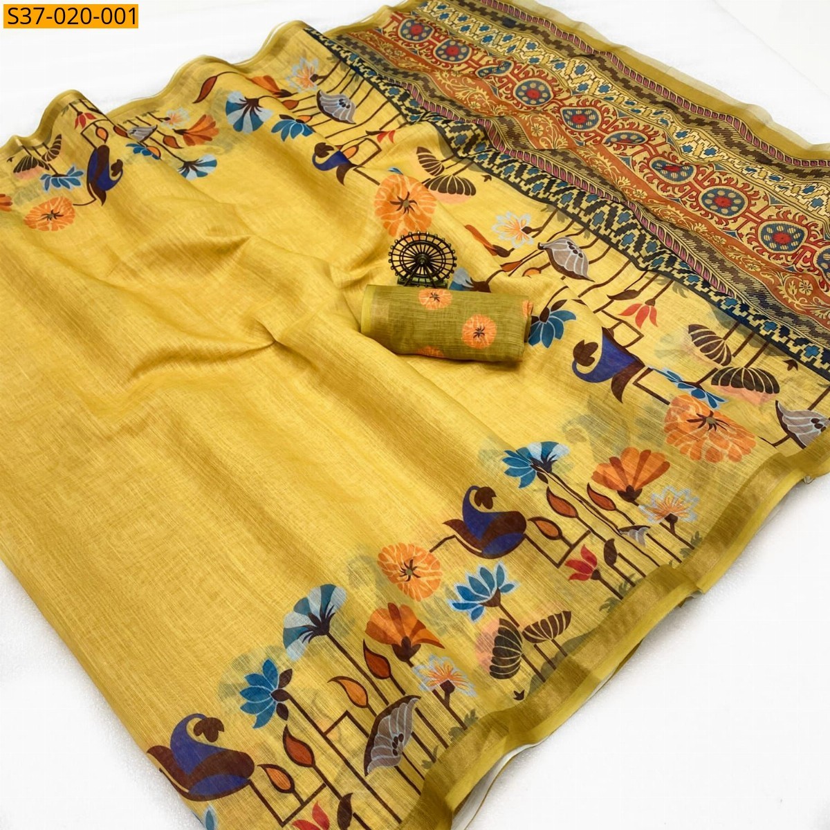 Yellow Fancy Soft Linen Cotton Saree