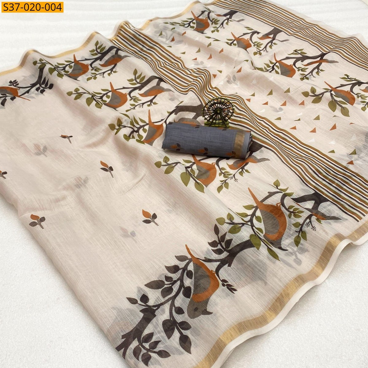 Beige Fancy Soft Linen Cotton Saree