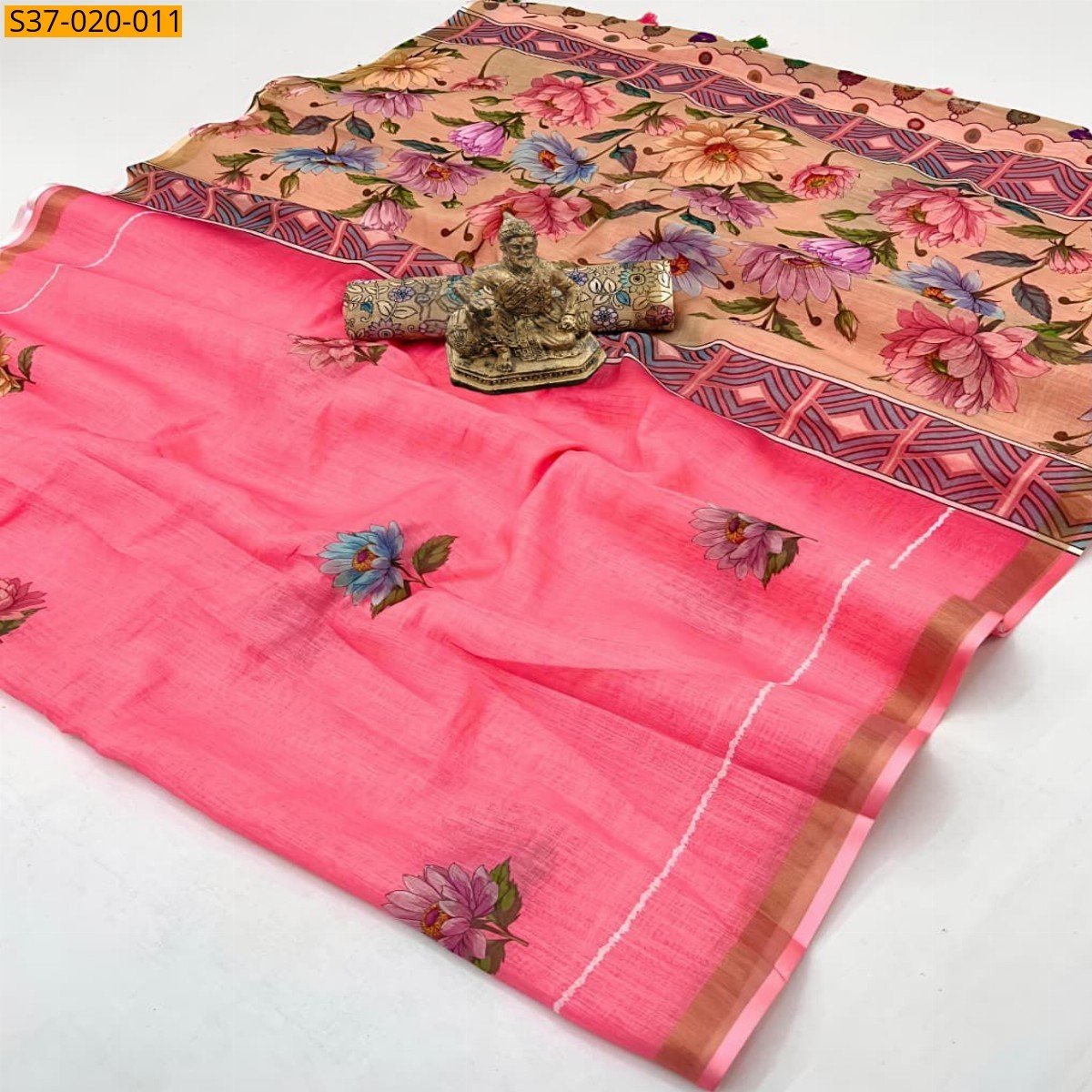 Peach Fancy Soft Linen Cotton Saree