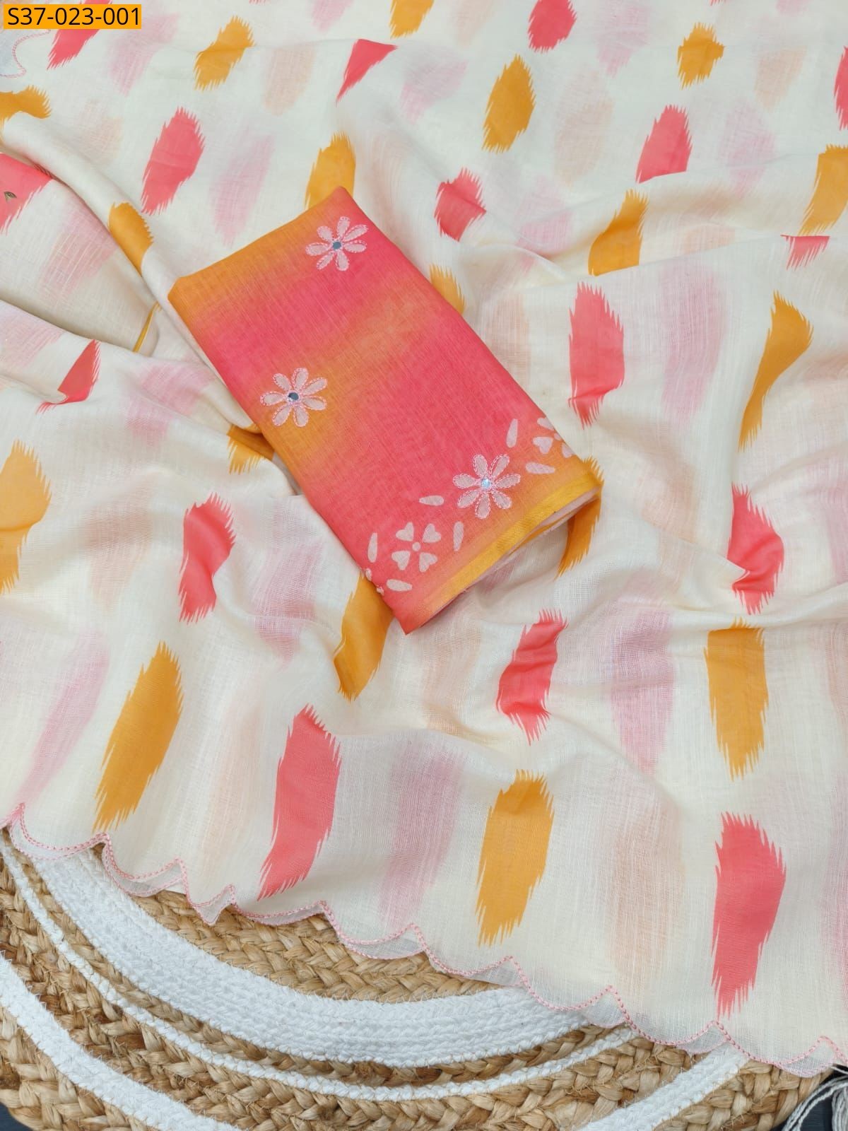 White Fancy Linen cotton sarees