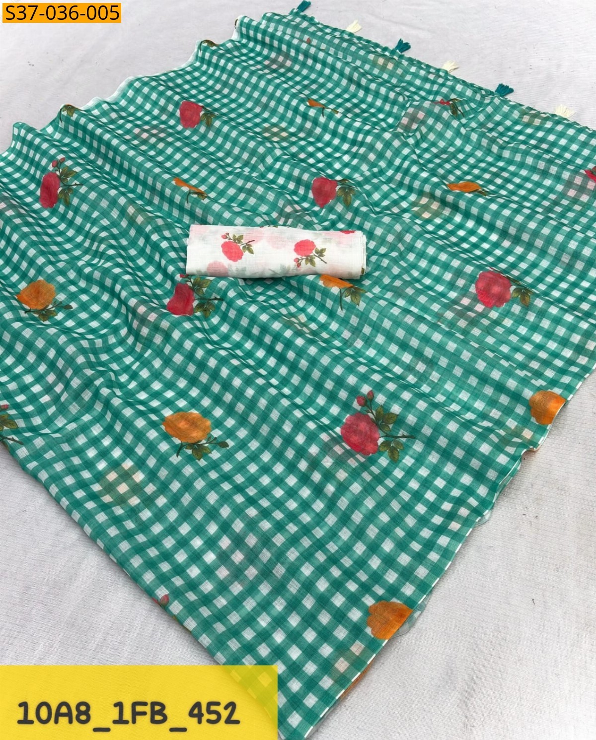 Green Fancy Linen cotton with digital printed Sarees