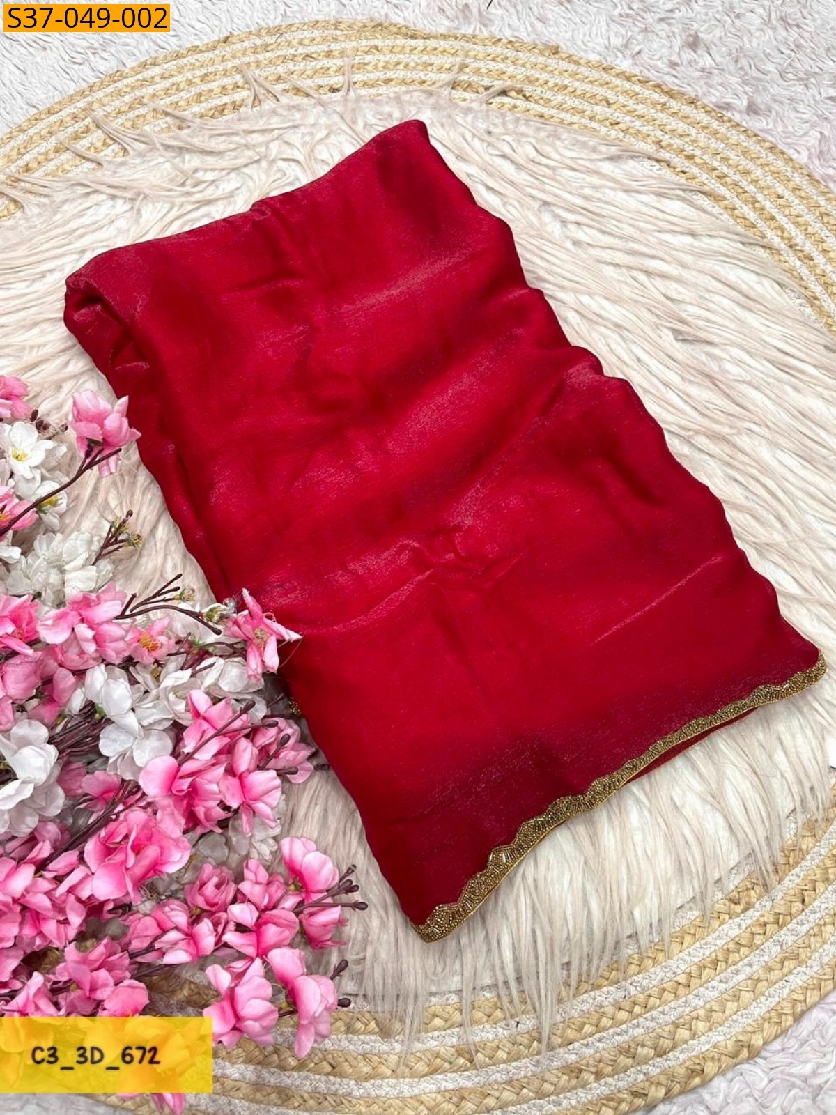 Red Fancy Sattin chiffon Saree