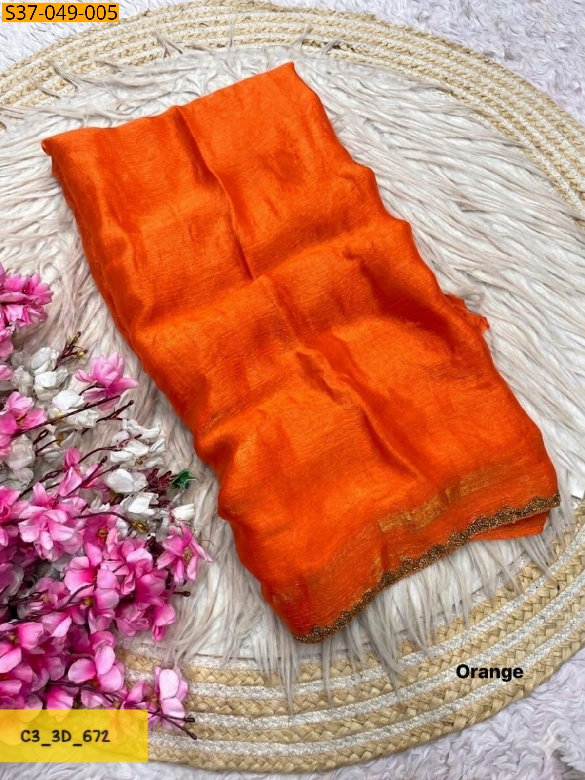 Orange Fancy Sattin chiffon Saree