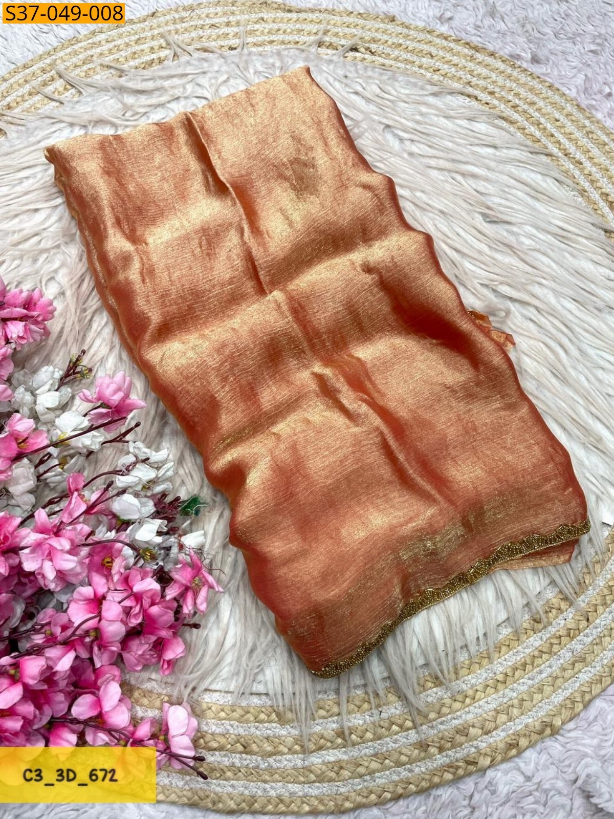 Peach Fancy Sattin chiffon Saree