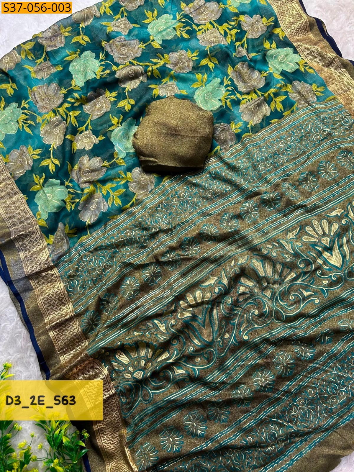 Teal blue Fancy Dull Moss saree