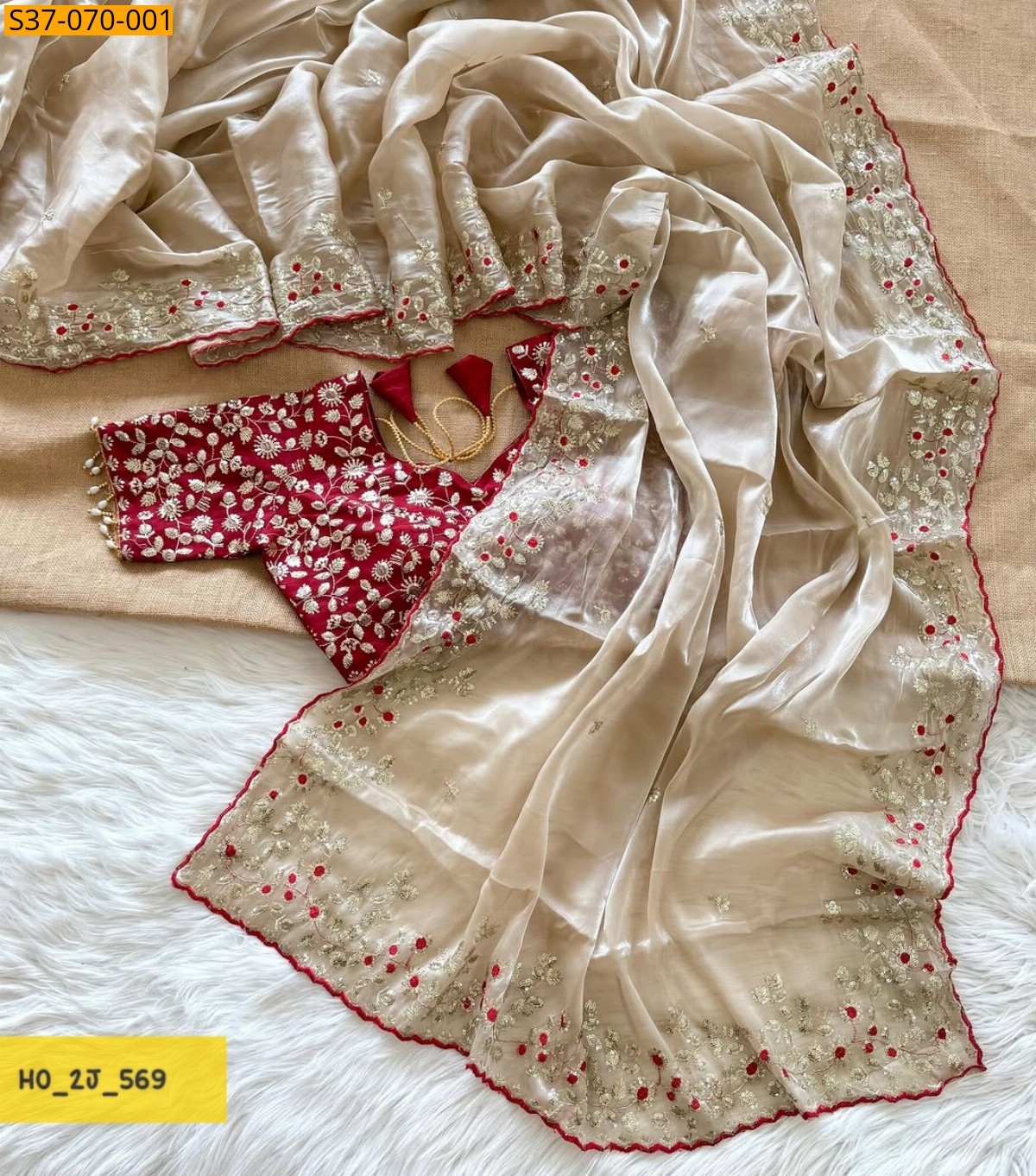 Off White Fancy Soft Satin Jimmy choo Silk Saree