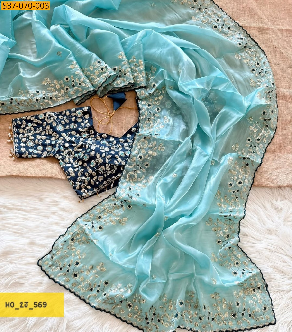 Sky Blue Fancy Soft Satin Jimmy choo Silk Saree