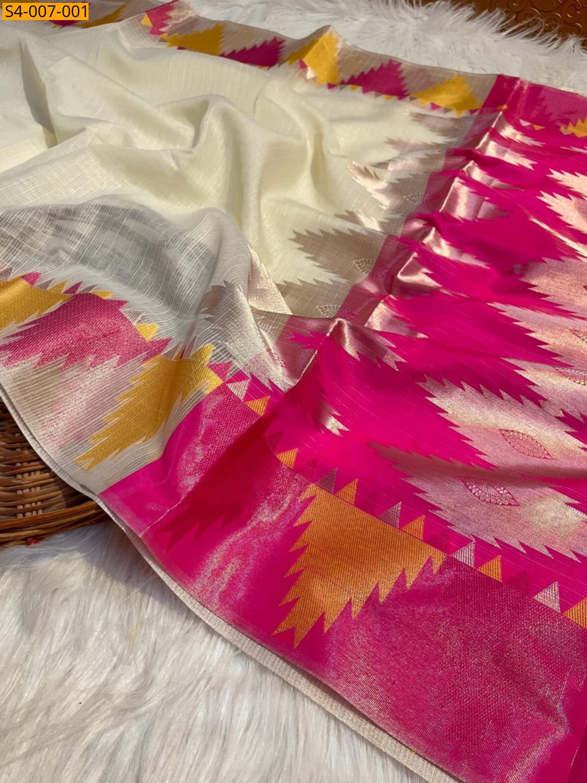 Fancy Kota Checked Cotton Silk Saree - Half White with Pink