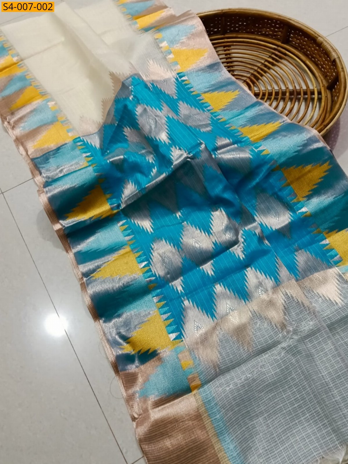 Half White with Blue Fancy Kota Checked Cotton Silk Saree