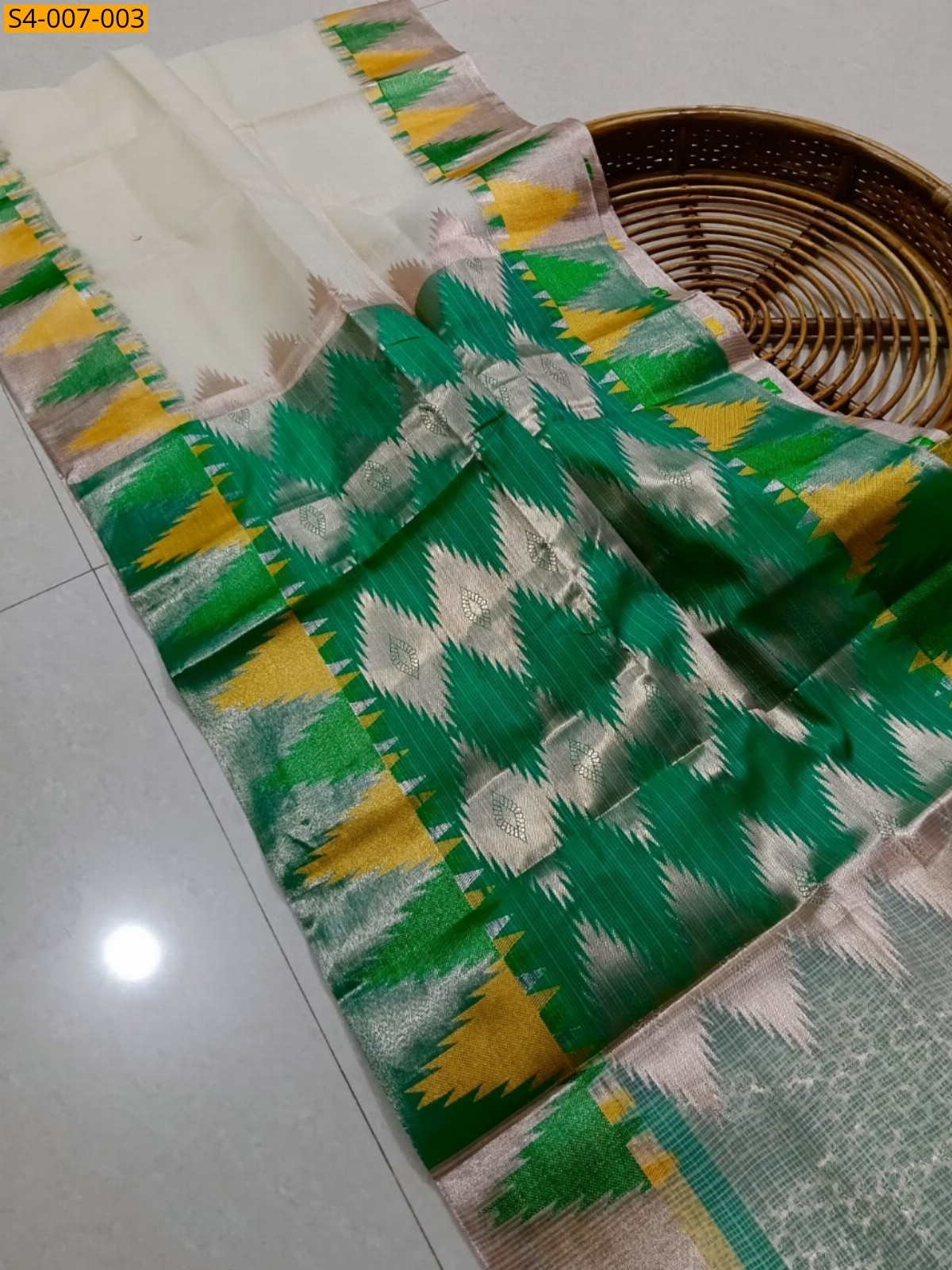 Half White with Green Fancy Kota Checked Cotton Silk Saree