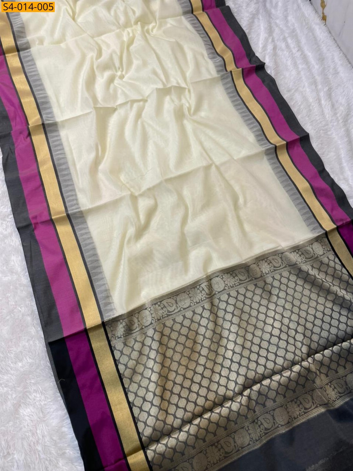 Half white Fancy Cotton Silk  Saree