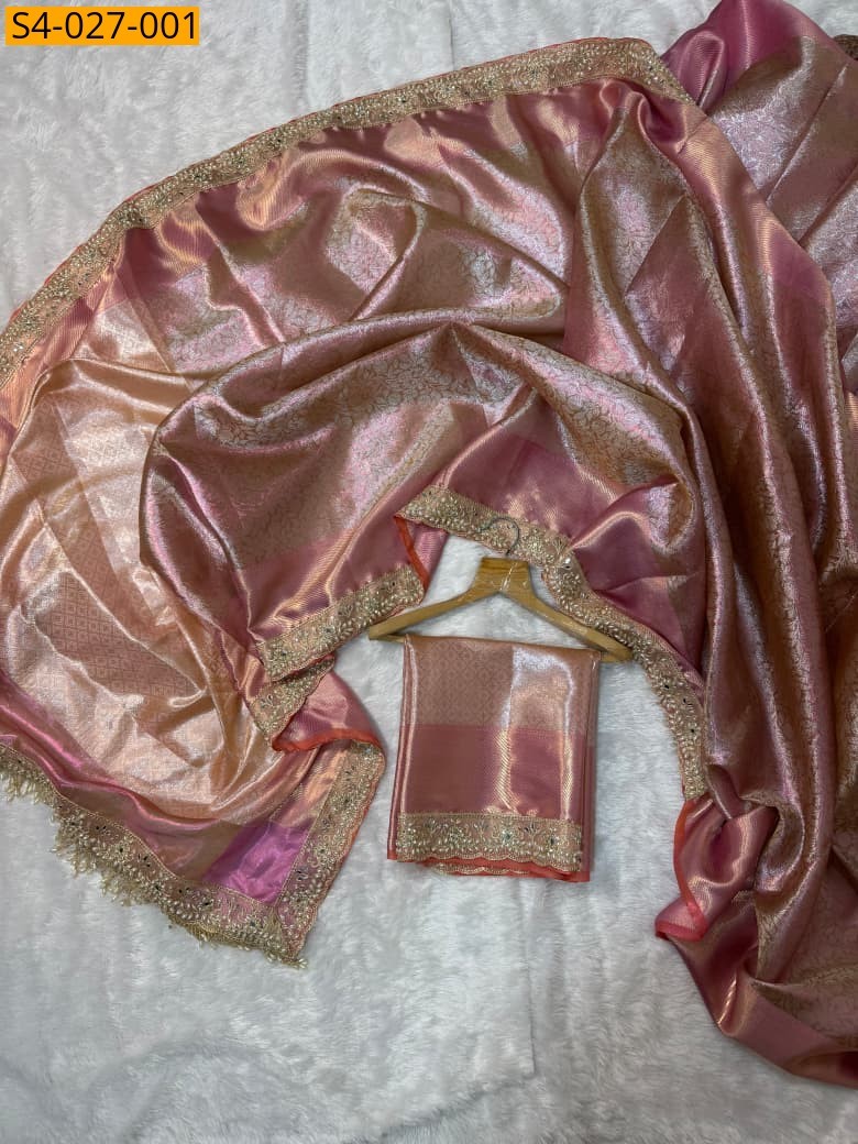 Peach Fancy Banarasi Soft Kanchi Tissue Silk Saree