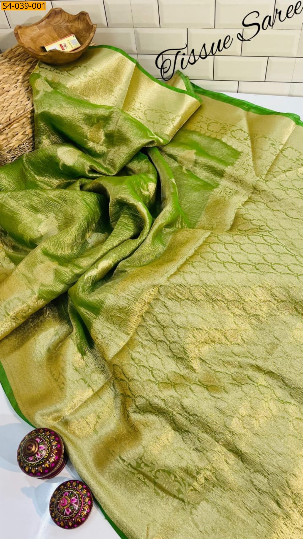 Green Banarasi Soft Tissue Crush Silk sarees