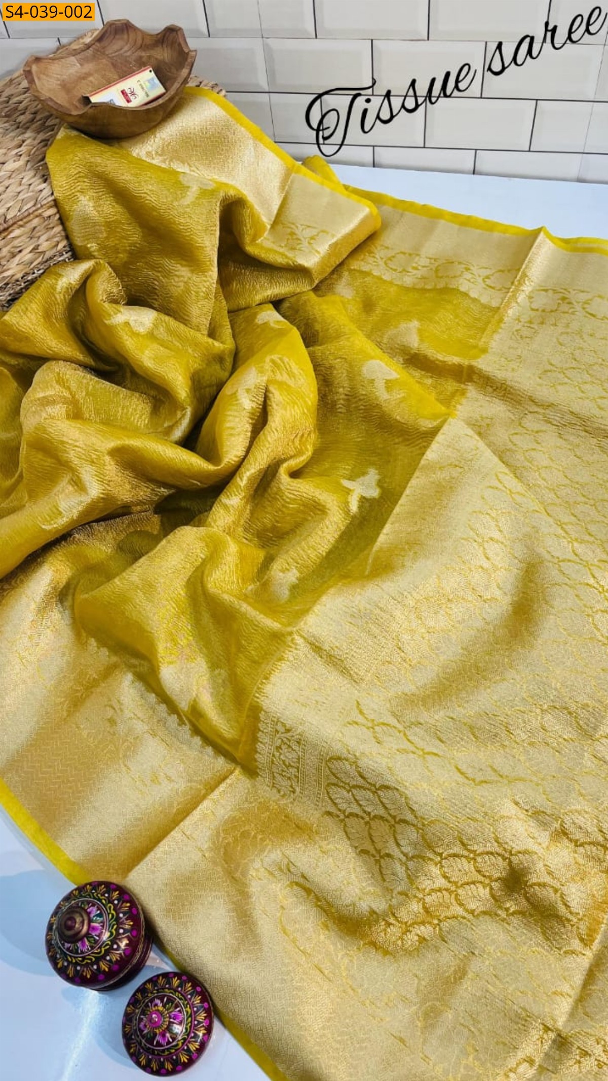 Yellow Banarasi Soft Tissue Crush Silk sarees