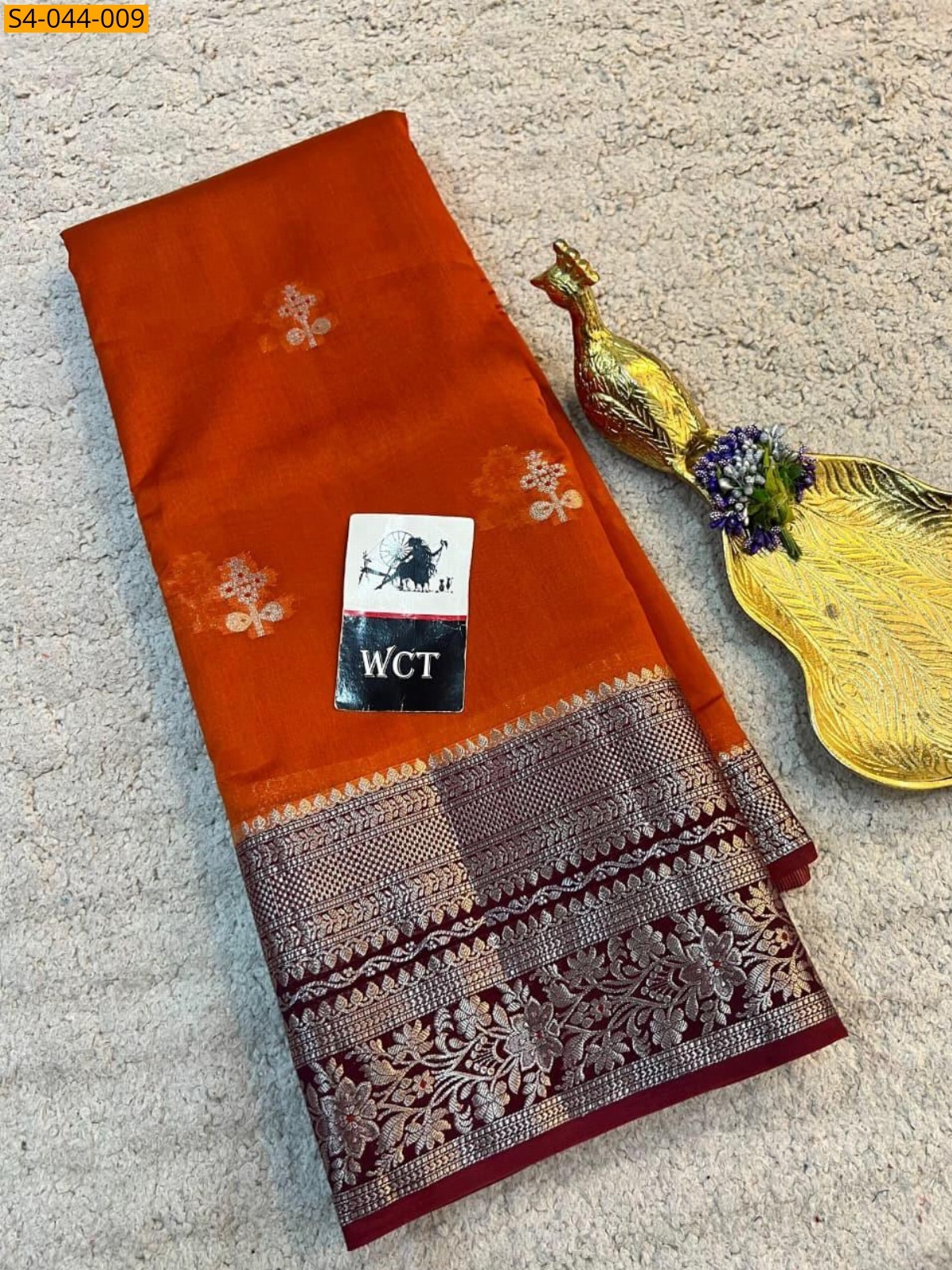 Orange Banarasi soft warm silk saree