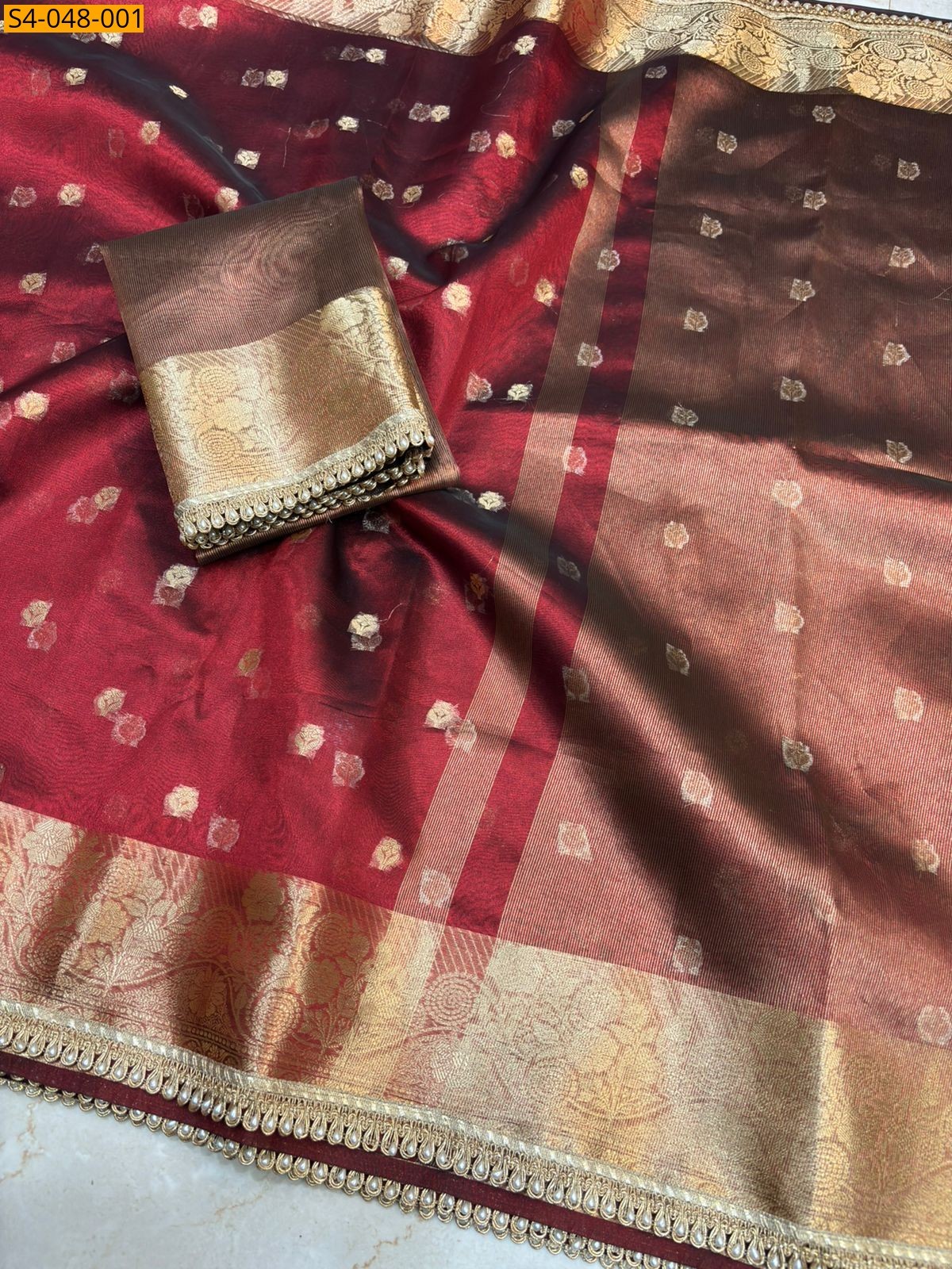 Maroon Soft banarasi tissue lace attached sarees