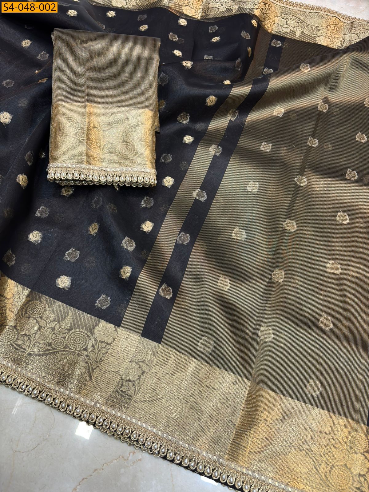 Black Soft banarasi tissue lace attached sarees