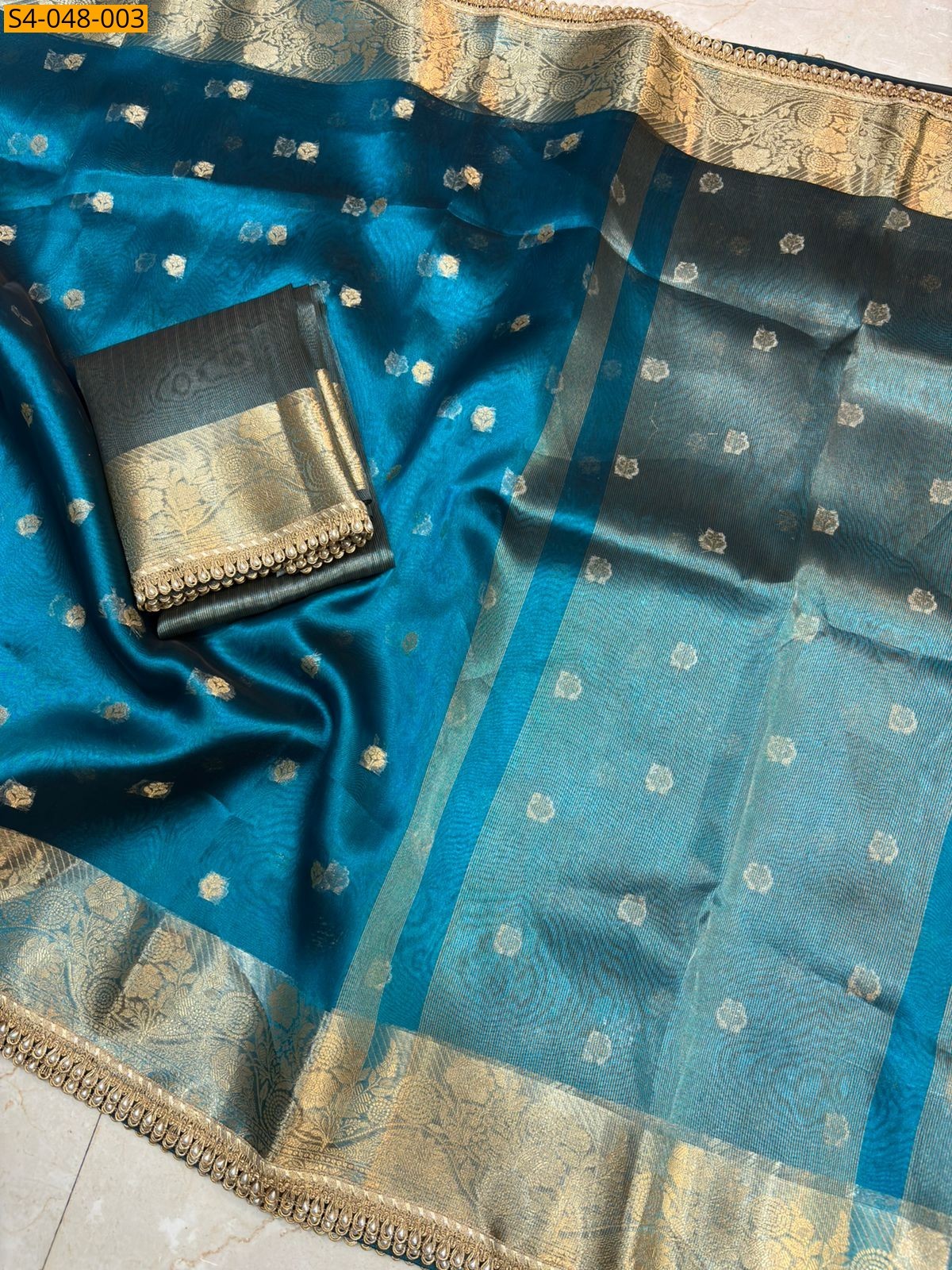 Blue Soft banarasi tissue lace attached sarees