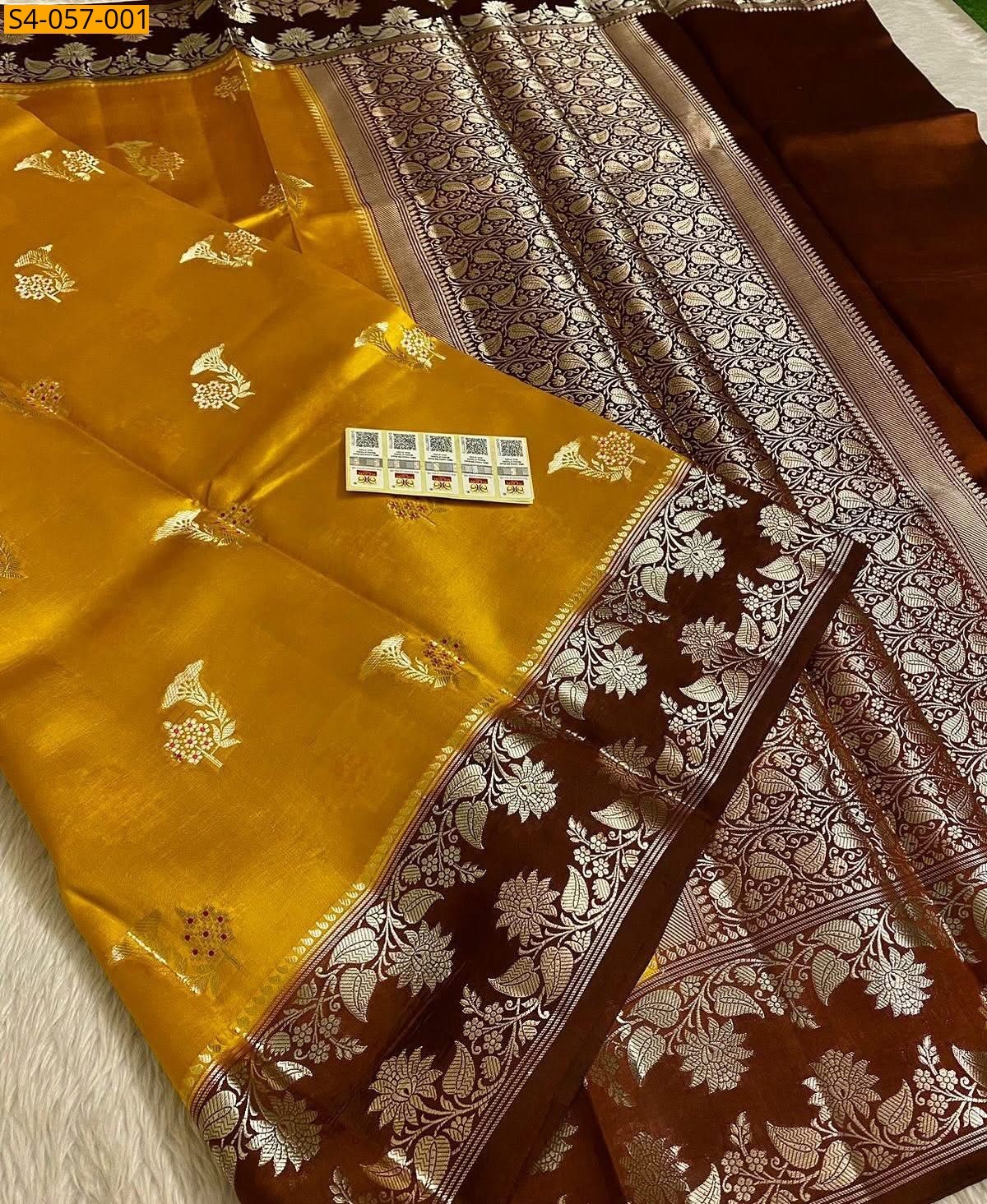 Mustard yellow Banarasi Soft Raw Mango Silk Sarees