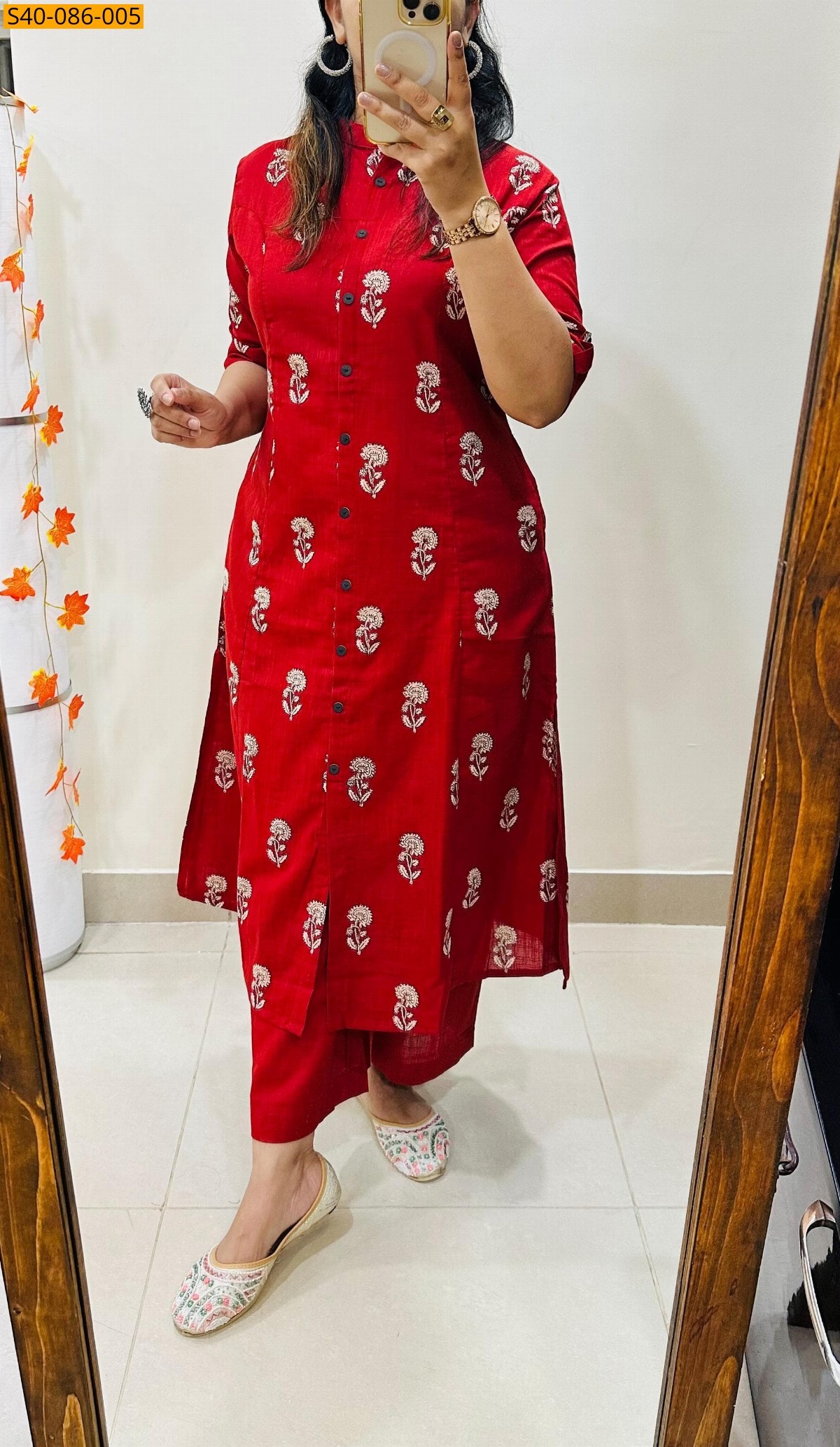 Red Premium printed Fine Cotton Kurti and pant 